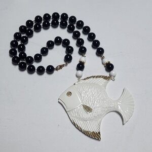 Vintage White wooden Fish Pendant Necklace Black Beaded Statement Jewelry Gold